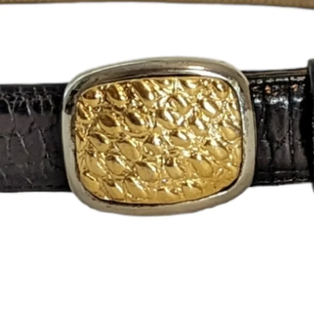Vintage Carolee Leather Belt Gold‎ Silver Tone Buckle Croc Metal Jeweled